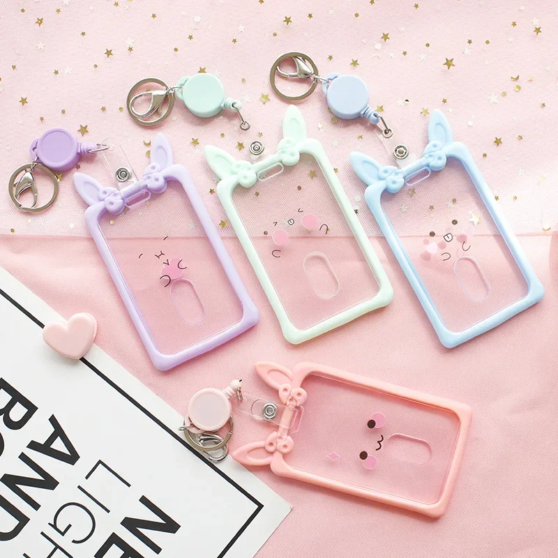 Cute Ear Transparent Retractable Card Holder Silicone Case Girl Student Clear ID Card Pass Cover Keychain Women Badge Card Case