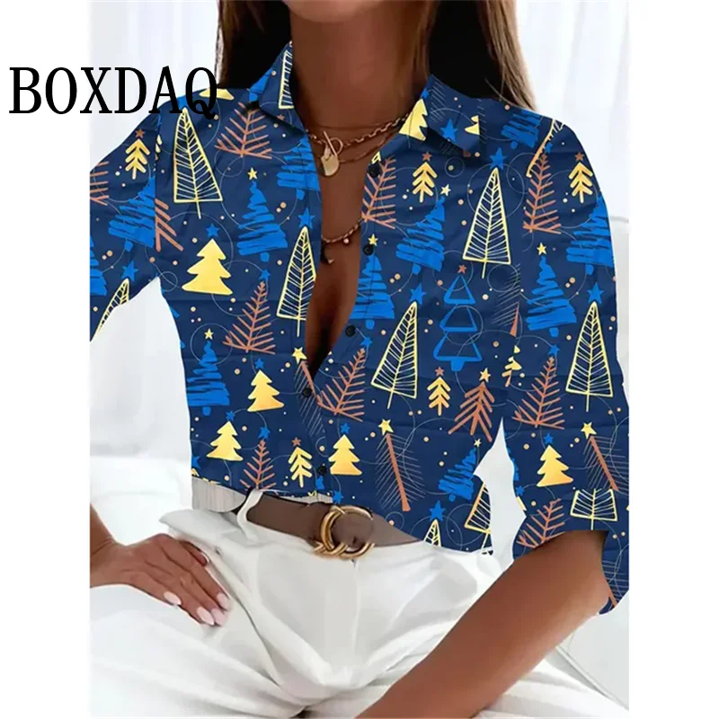 Women\'s 2024 New 3D Christmas Print Long Sleeve Blouses Elegant Lapel Long Sleeve Tops Winter Spring Single-Breasted Basic Shirt