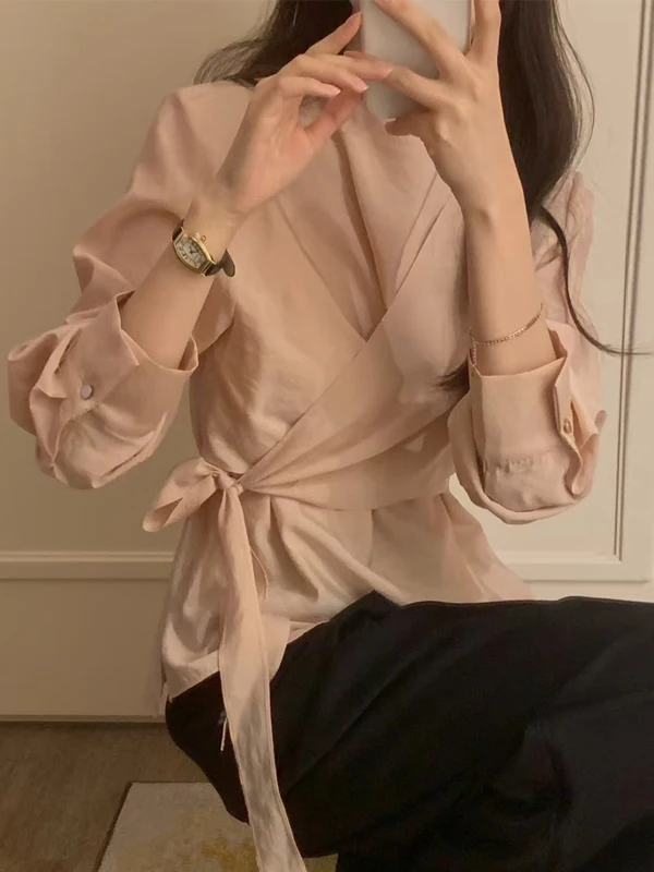 Camicetta da donna lunga dimagrante Sve irt con colletto design coreano Sle vita stretta autunno nuova Faion Ele Lady