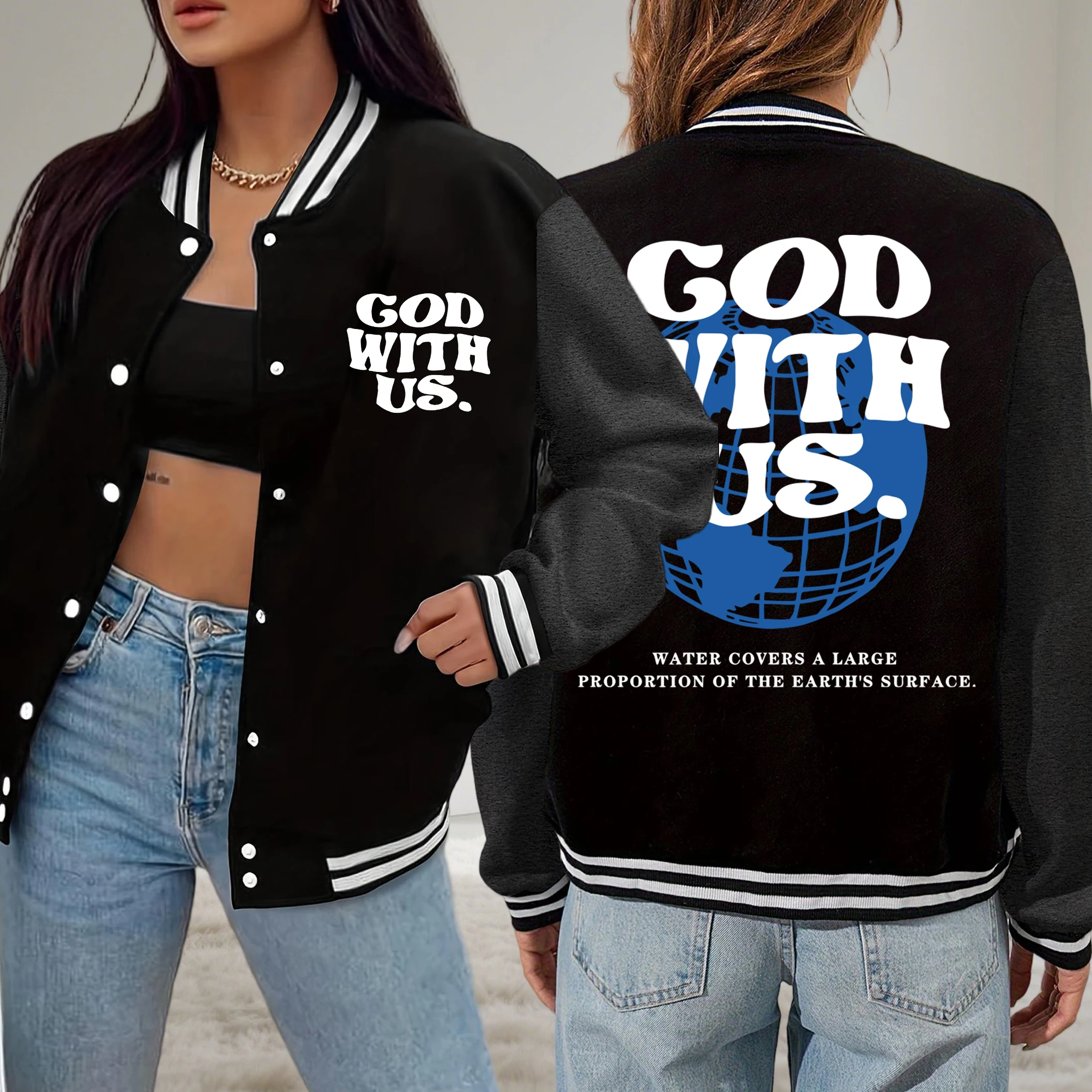 

God With Us Water Covers Earth Print Baseball Uniform Woman Casual Loose Clothes Fleece Autumn Jacket Button Hip Hop Streetwear