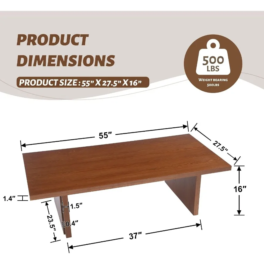 Wood Coffee Table, 55 Modern Rectangular Center Table for Living Room, Natural Wood Tone, Sturdy Solid Wood Construction