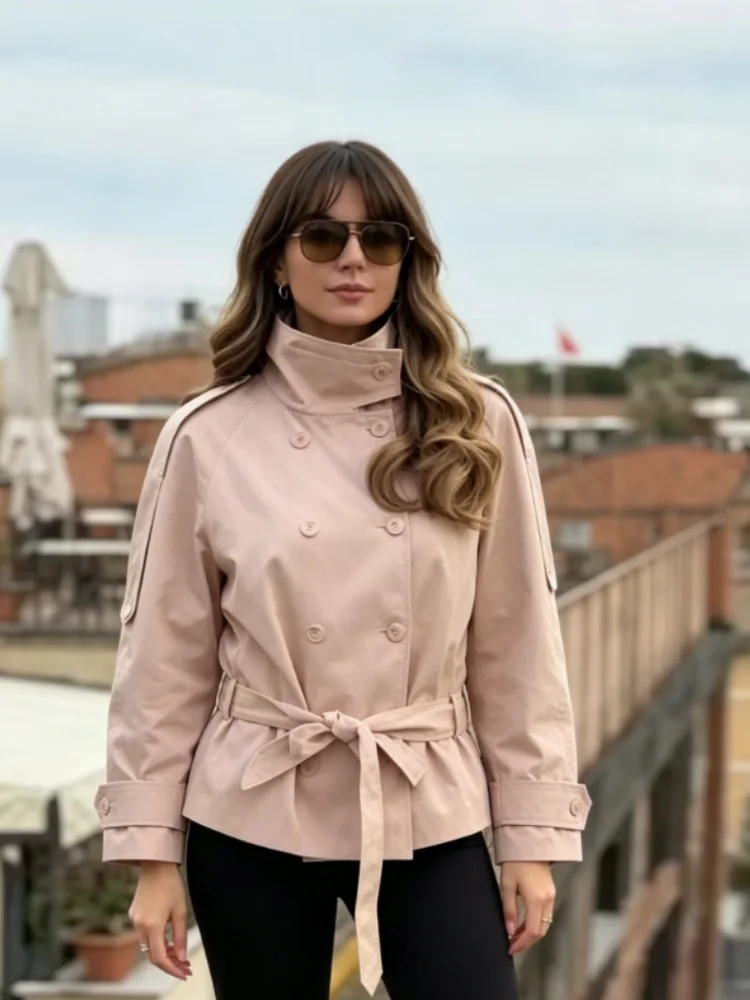 Women Chic Pink Double Breasted Trench Jacket With Waist Tie Belt Peplum Hem Short Coat Elegant Casual Office Lady Daily Outfit
