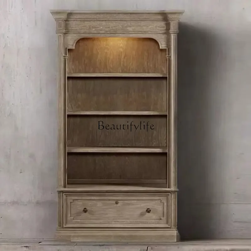 

ld14 American Style Solid Wood Bookcase Living Room Antique Decoration French Vintage Display Wine Cabinet Storage Bookshelf