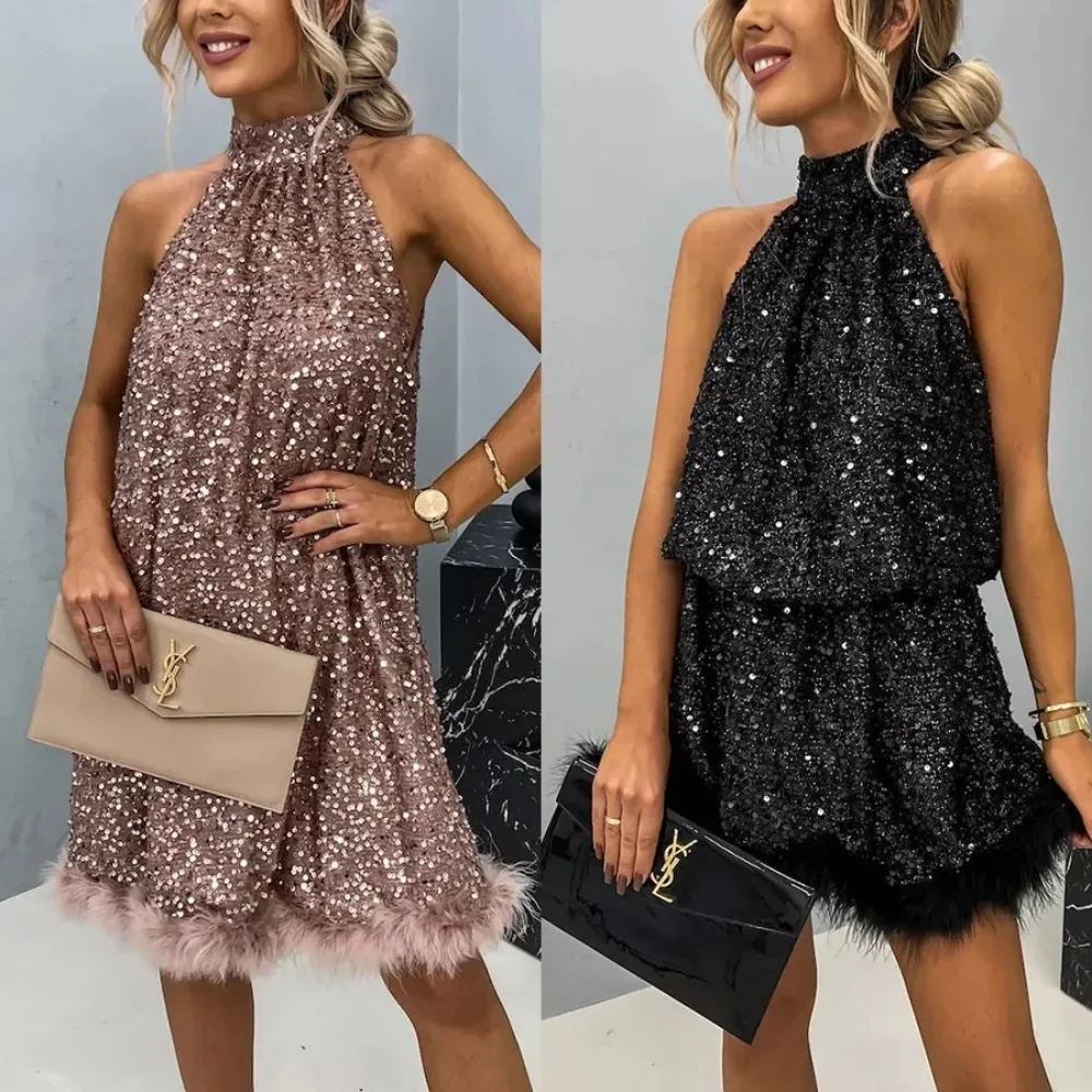 Women's S-XL Size New European and American Party Sequin Hanging Neck Fashion Dress INS Casual Lace up Sleeveless Dress