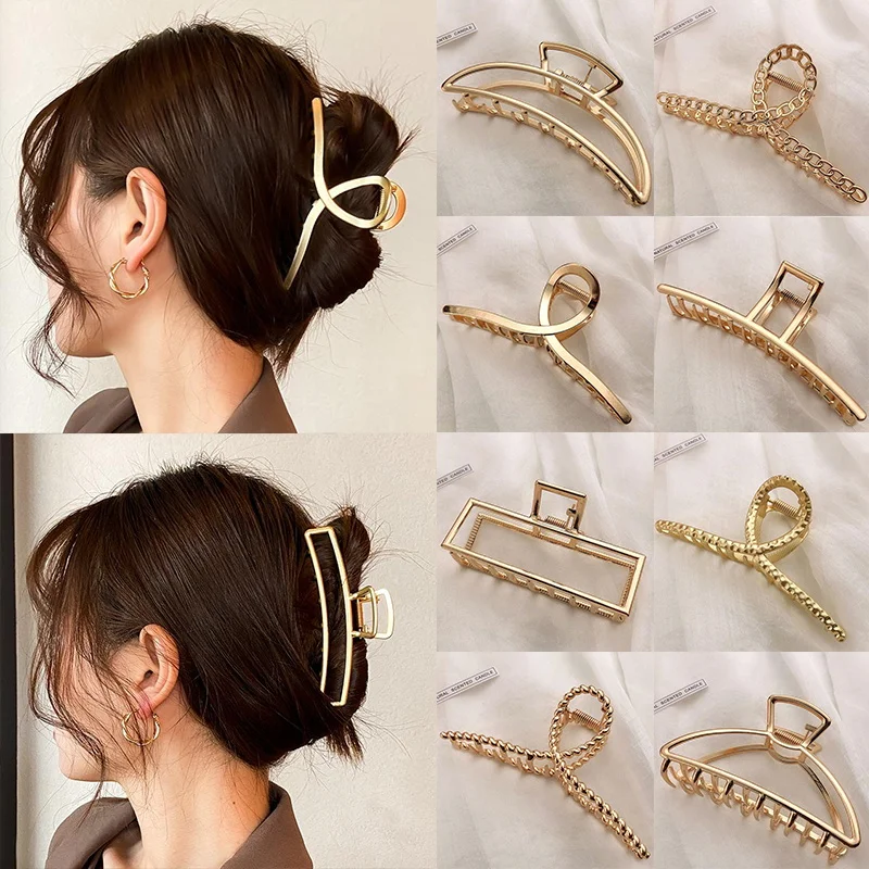 Grampos de Cabelo Geométricos Metálicos para Mulheres, Garra Grande, Grampo de Cabelo Dourado, Headband Hairpin, Acessórios para Cabelo do