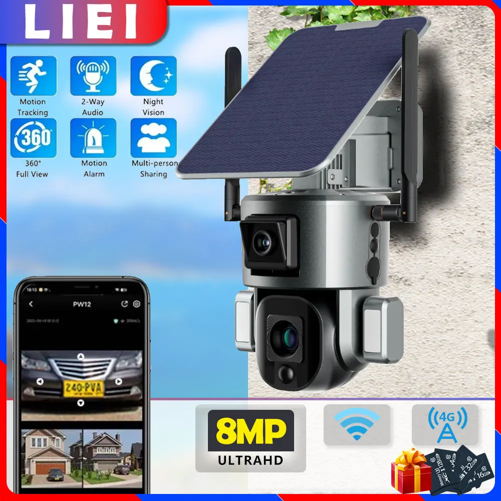 

LIEI 8MP WIFI/4G PTZ Solar Camera Auto Tracking Dual Lens IP camara Security Protection Monitor Smart Home CCTV Surveillance