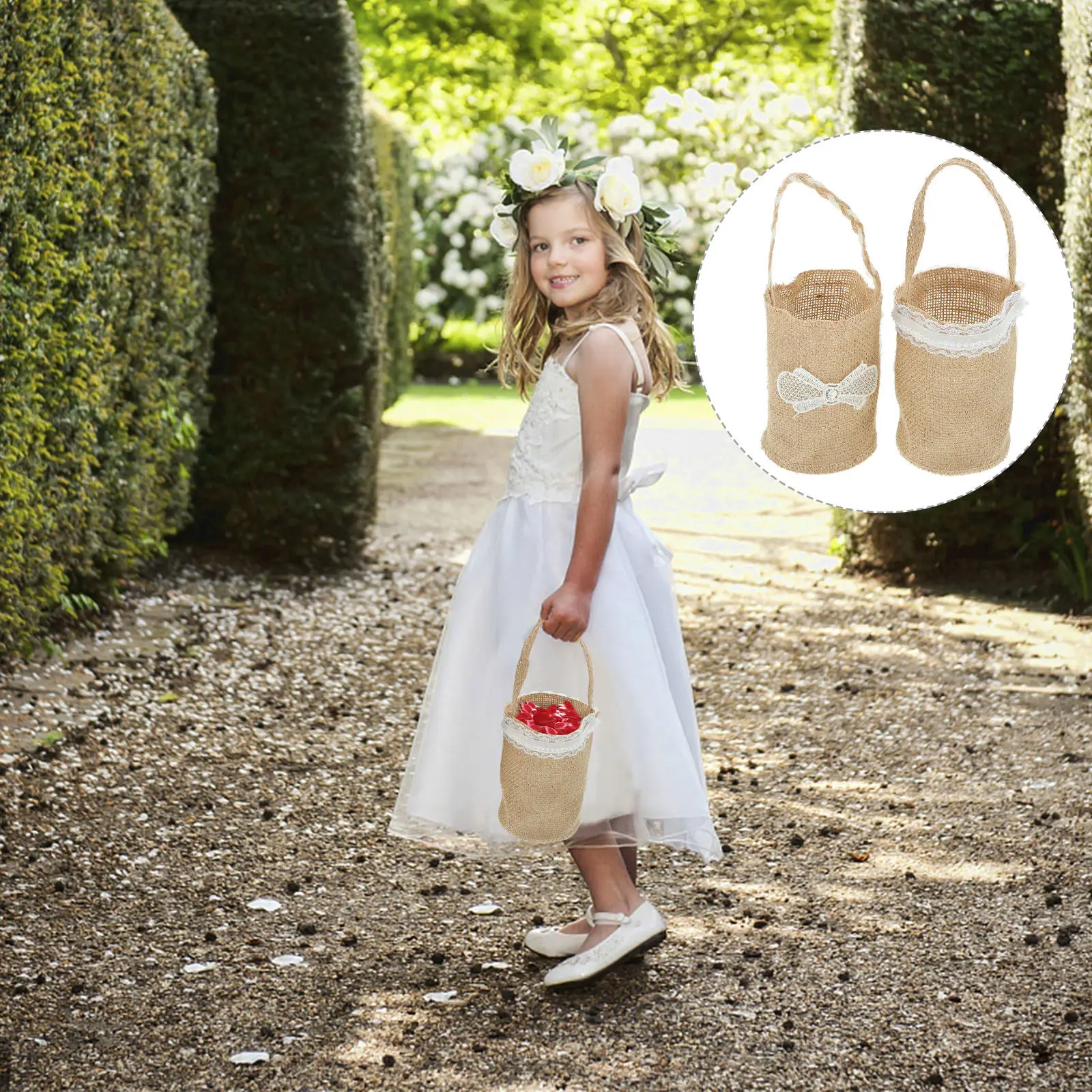 2Pcs Flower Girl Basket Wedding Rustic Burlap Linen Ivory Satin Basket with Flowers Bows Handle for Flower Girl Ceremony Favors