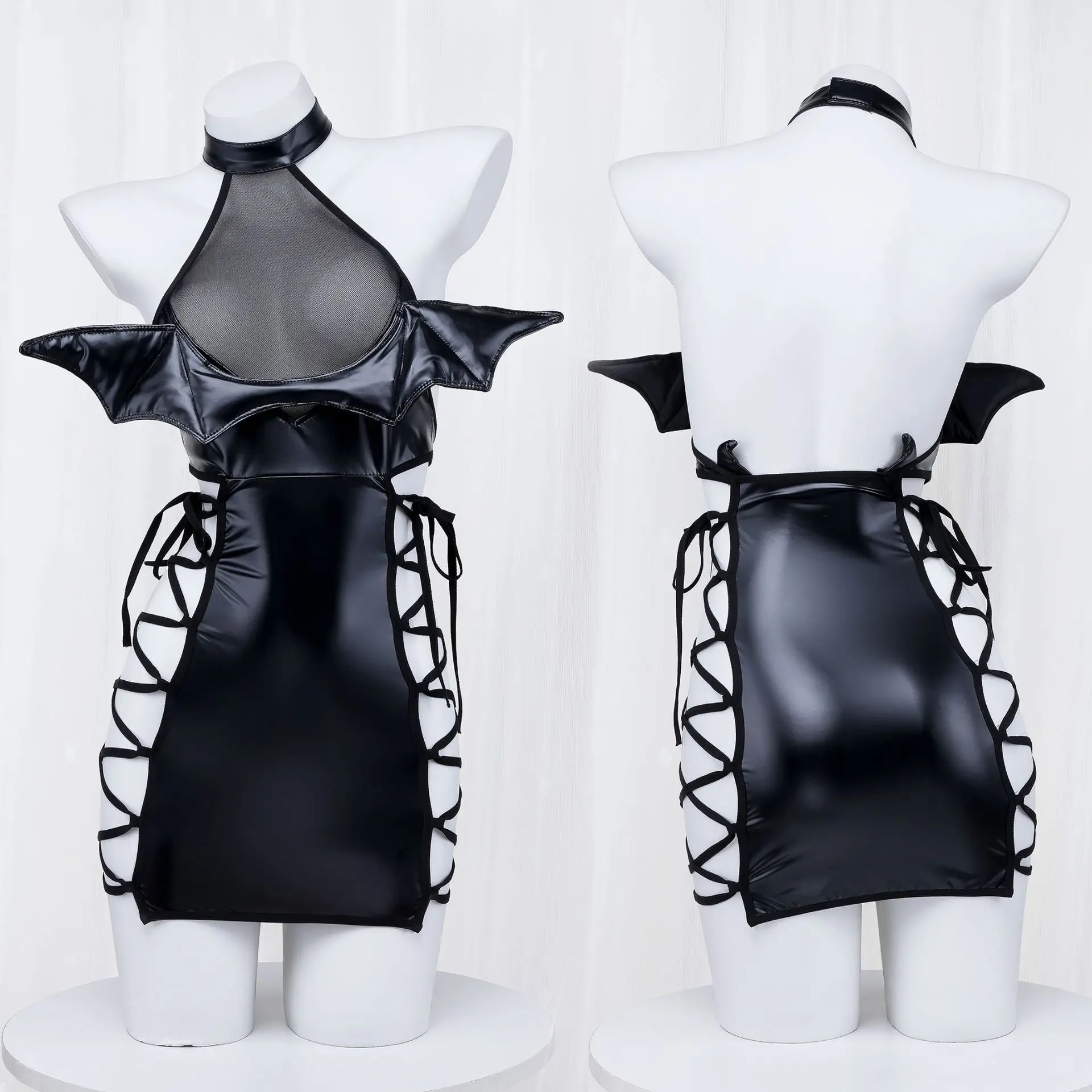 Sexy Anime Dämon Cosplay Kostüm Set Hohl Dunkle Unterwäsche Succubus Dessous Rollenspiel Outfits Halloween Kunstleder Für
