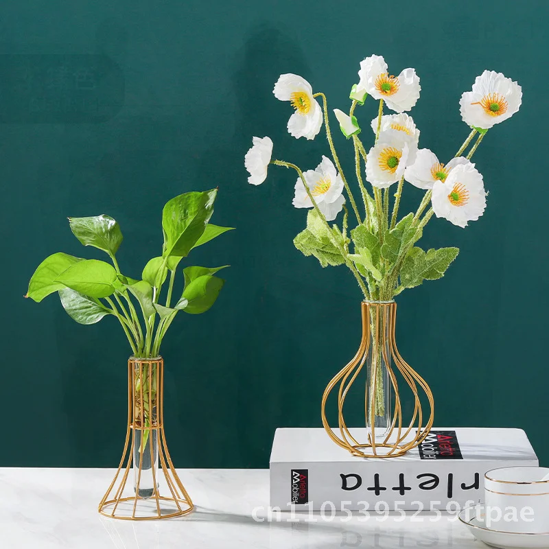 Creative Wrought Iron Glass Test Tube Hydroponic Vase Black Gold Office Desktop Decoration Advanced Sense Living Room Ornament