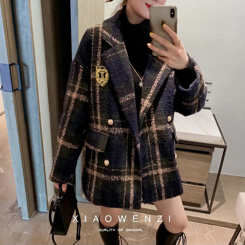 

2024 Winter New College Style Suit Woolen Casual Coat Female Retro Loose Fashion Plaid Woolen Coat Female Tide.