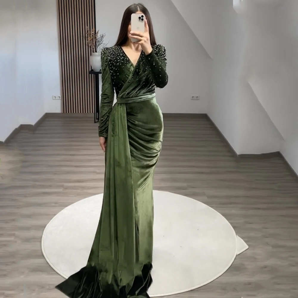 

Modern Evening Dresses Long Luxury 2023 V-Neck Full Sleeves Prom Dress Velvet Sweep Train Trumpet فساتين سهره فاخرة طويلة