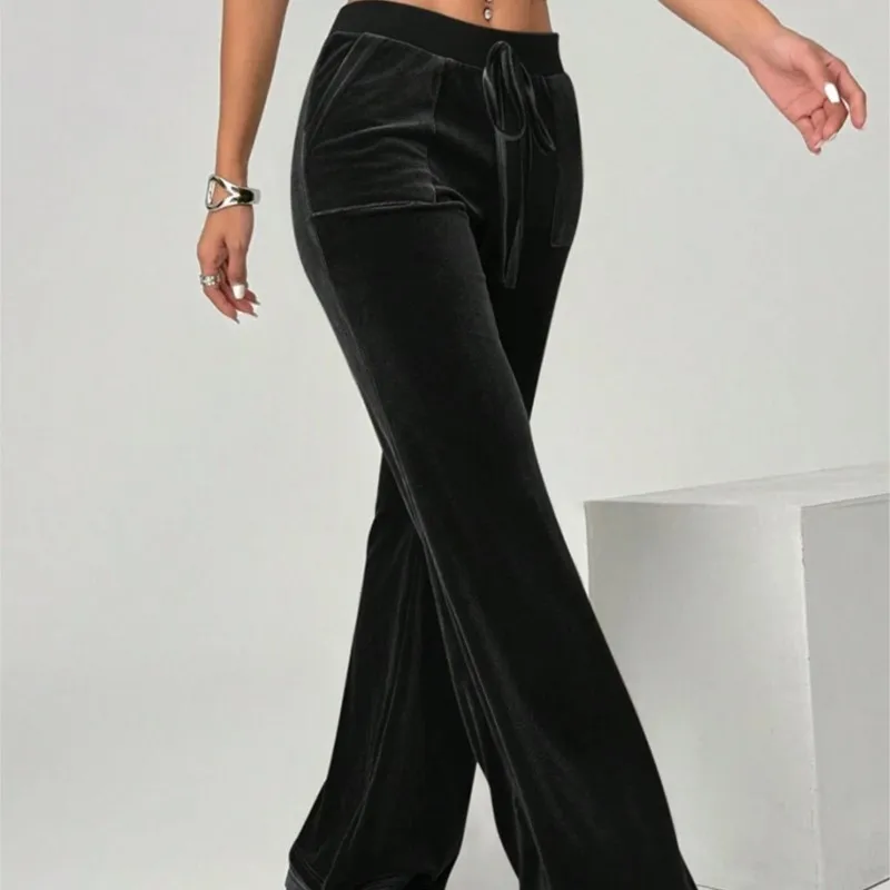 المرأة بلون الرباط بنطال ذو قصة أرجل واسعة متوهج المخملية بنطلون مكتب سليم صالح عادية عالية الخصر المخملية السراويل مع اللف