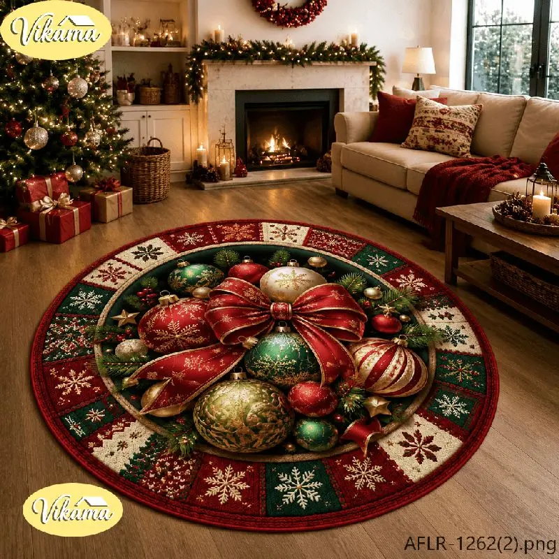 VIKAMA Christmas Round Rug Christmas Ornaments Red Bow Pine Area Rug Living Room Holiday Home Decor Aesthetic Art Large Premium