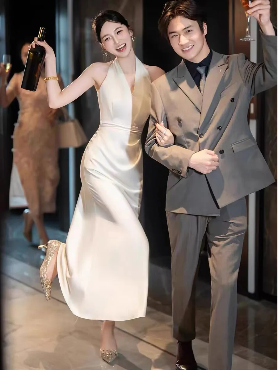 White Satin Gown V-Neck Hanging Neck Morning Robe Engagement Dinner Dress New Model Dress Wedding Dress Formal Dress Evening ...