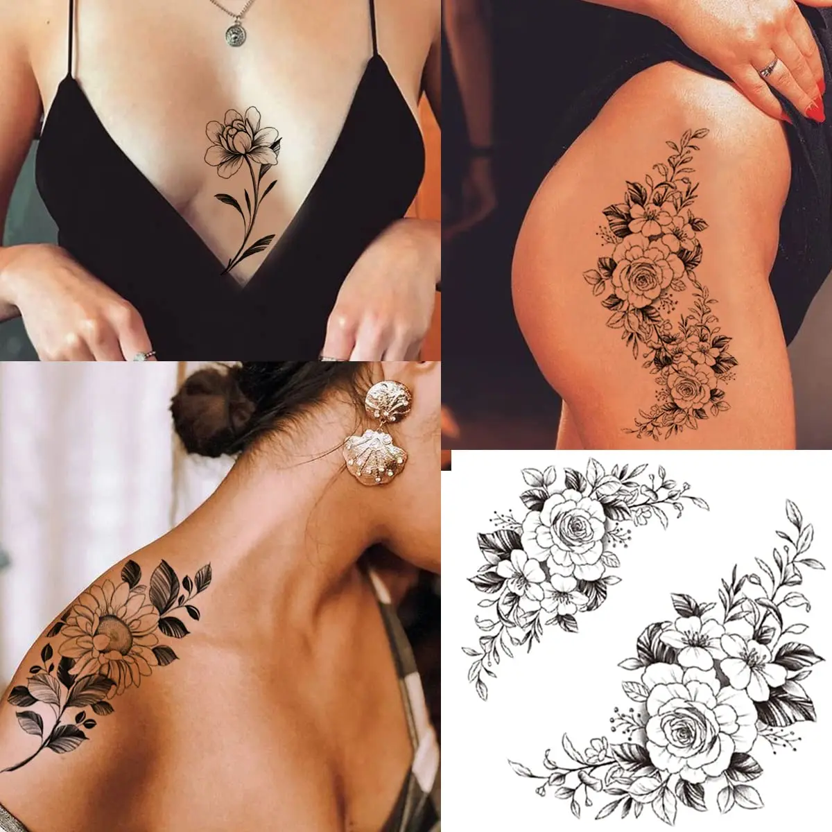 

10 Sheets 3D Black Flower Rose Temporary Tattoos For Women, Waterproof Fake Body Art Arm Sketch