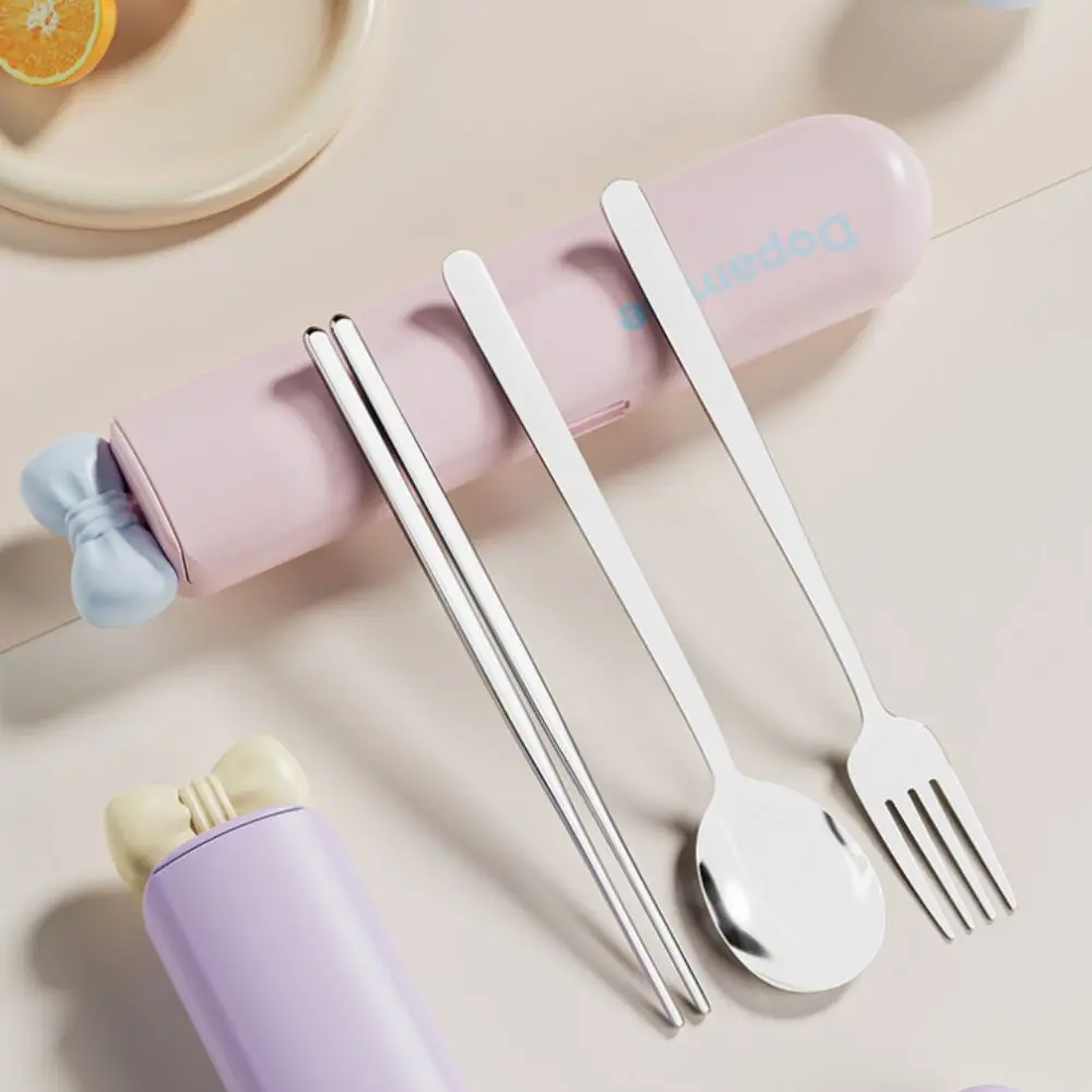 Magnetic Design Dopamine Travel Cutlery Set Built-in Silent Slot with A Bow Student Flatware Set With Storage Box