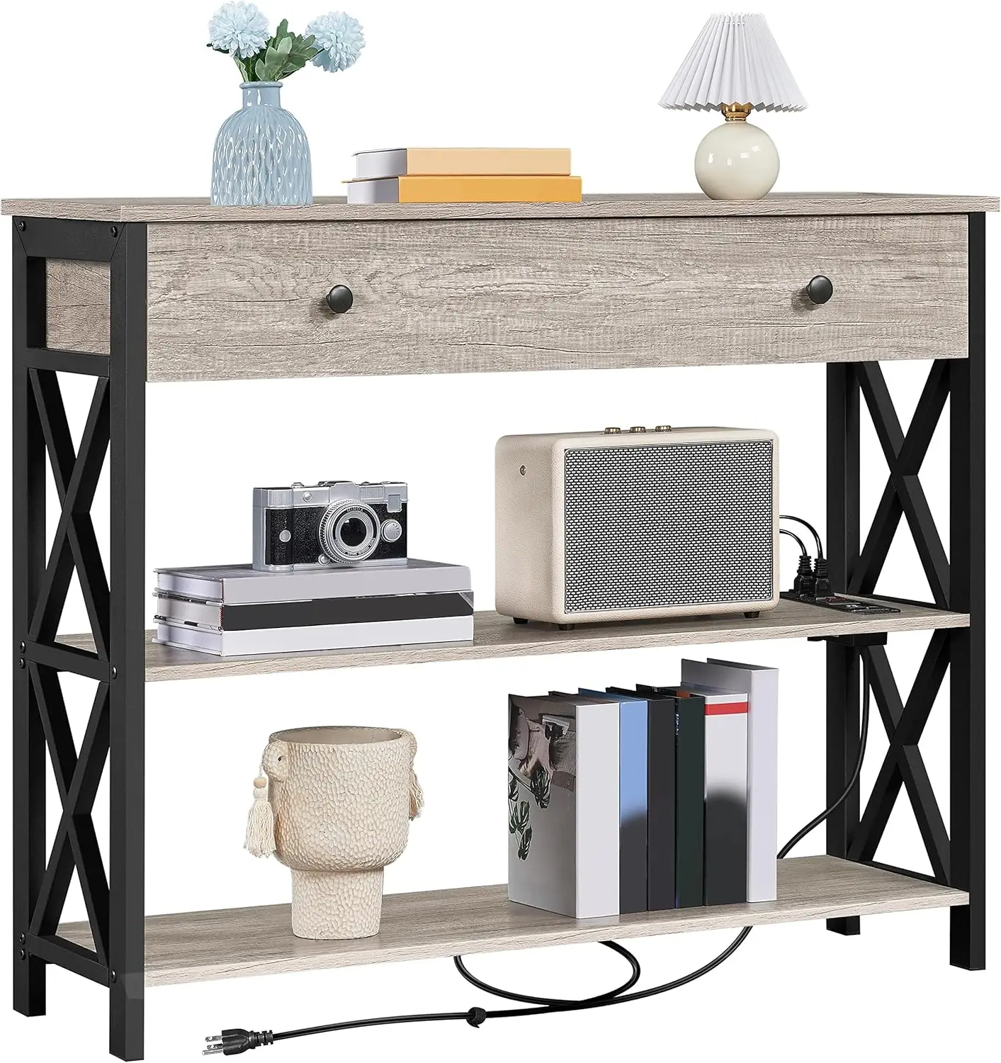 Yaheetech Console Table with Power Outlets and USB Ports, Wooden Entryway Table with Drawer and Open Shelves,