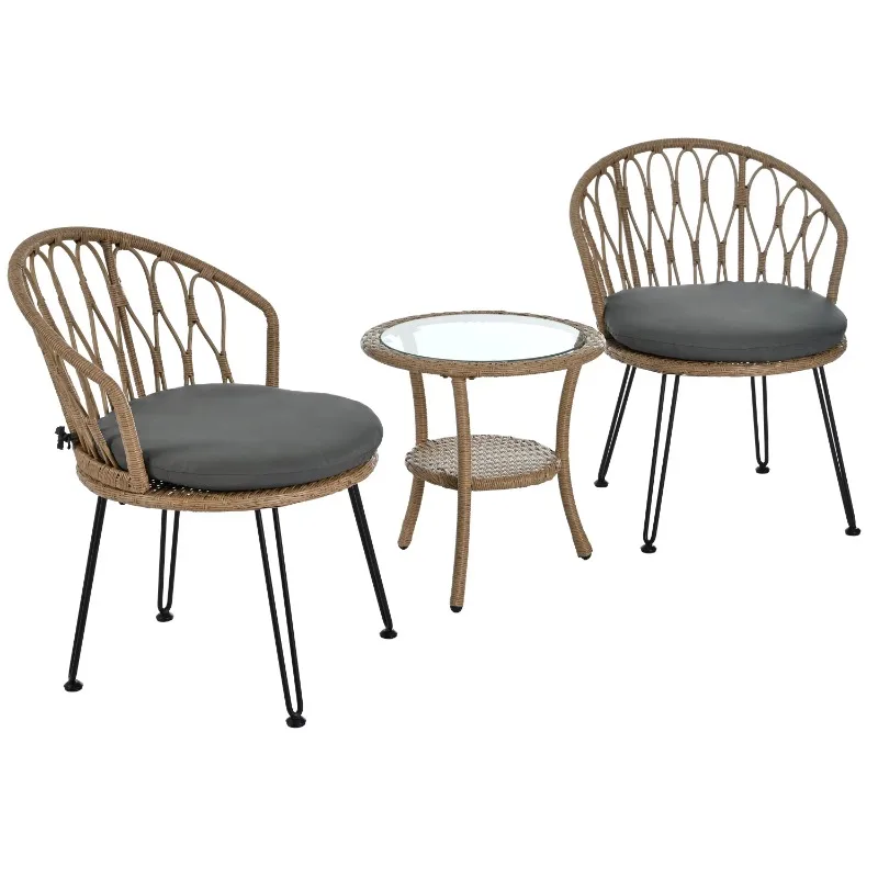Modern Outdoor Leisure Set 2-piece PE rattan + wrought iron single chair with glass round table, suitable for patios