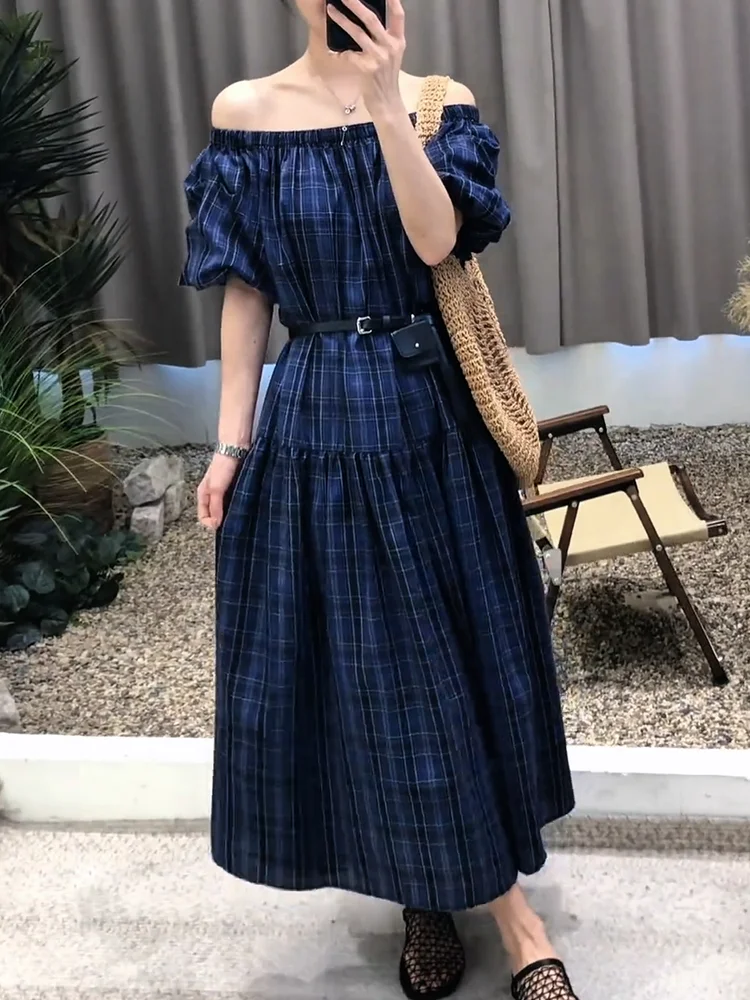 

Korean Design Plaid One oulder Long Dr Sli plus Size Slimming Versatile Summer New Arrival Maxi Dr Snow Dr