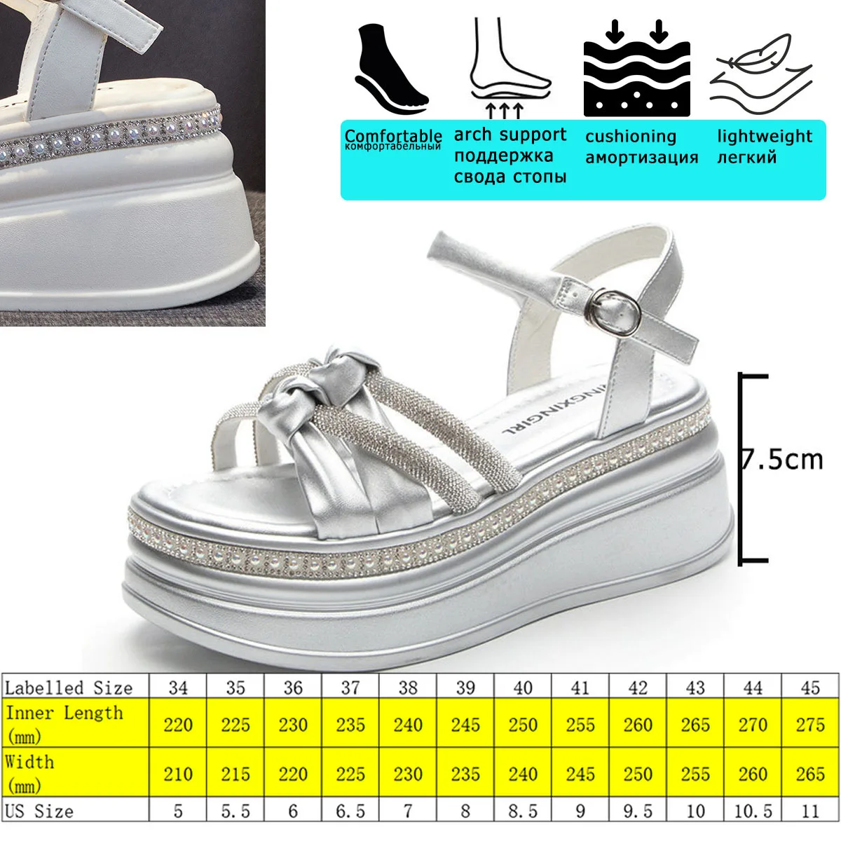 Fujin 7.5cm Genuine Leather Rhinestone Summer Bling Slippers Luxury Platform Wedge Flats Leisure Sandals Elegance Women Shoes