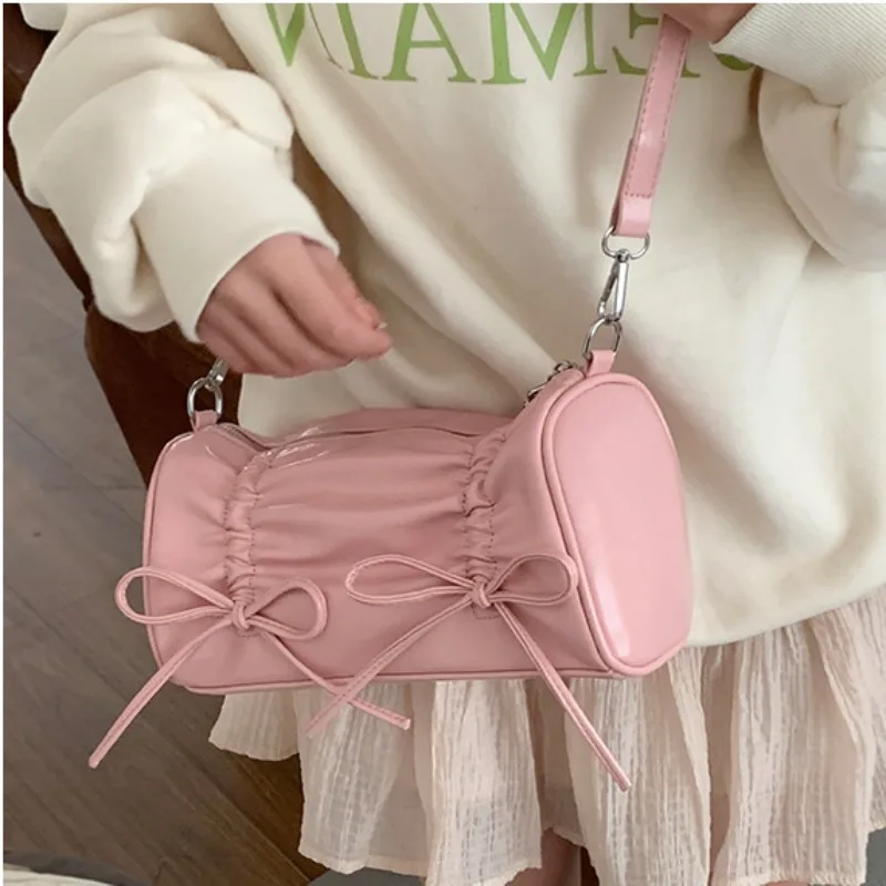 Xiuya Pleated Pink Women Shoulder Bag Bow Pillow Leather Sweet Elegant Fashion Handbag Gentle Casual Exquisite Ladies Armpit Bag