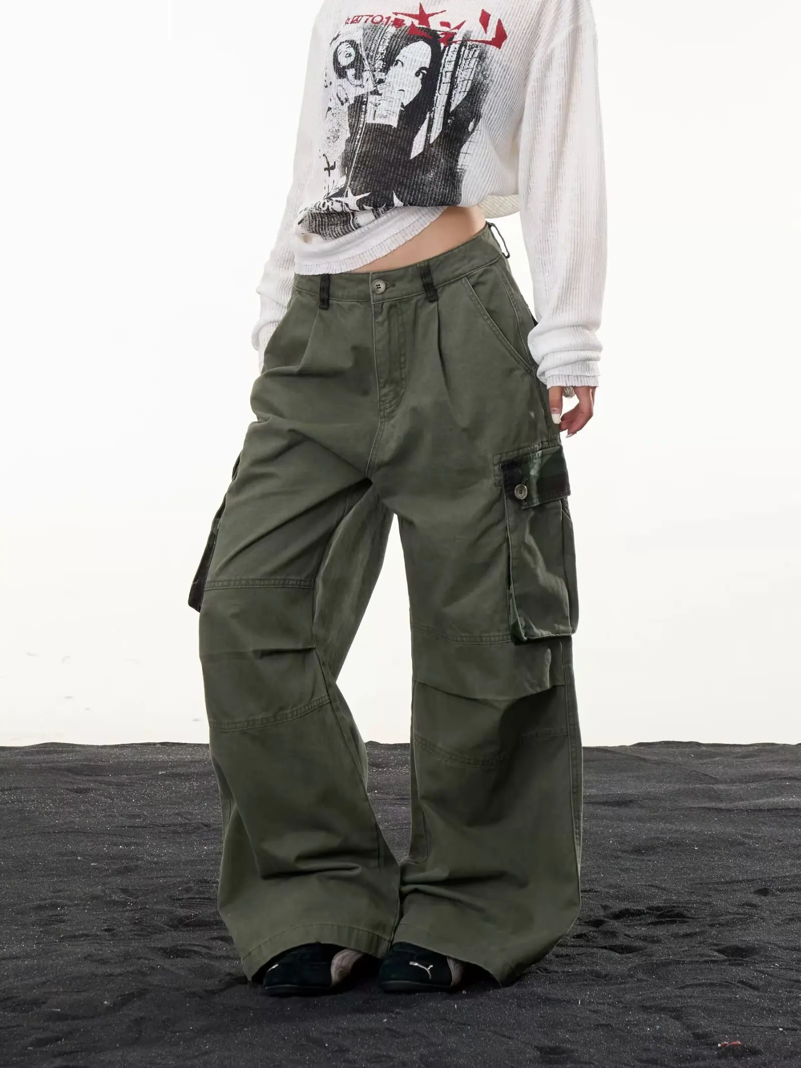 2027 American Deconstructed Design Casual Pants with Large Pockets for Men and Women Washed Wide Leg Pleated Workwear Trousers
