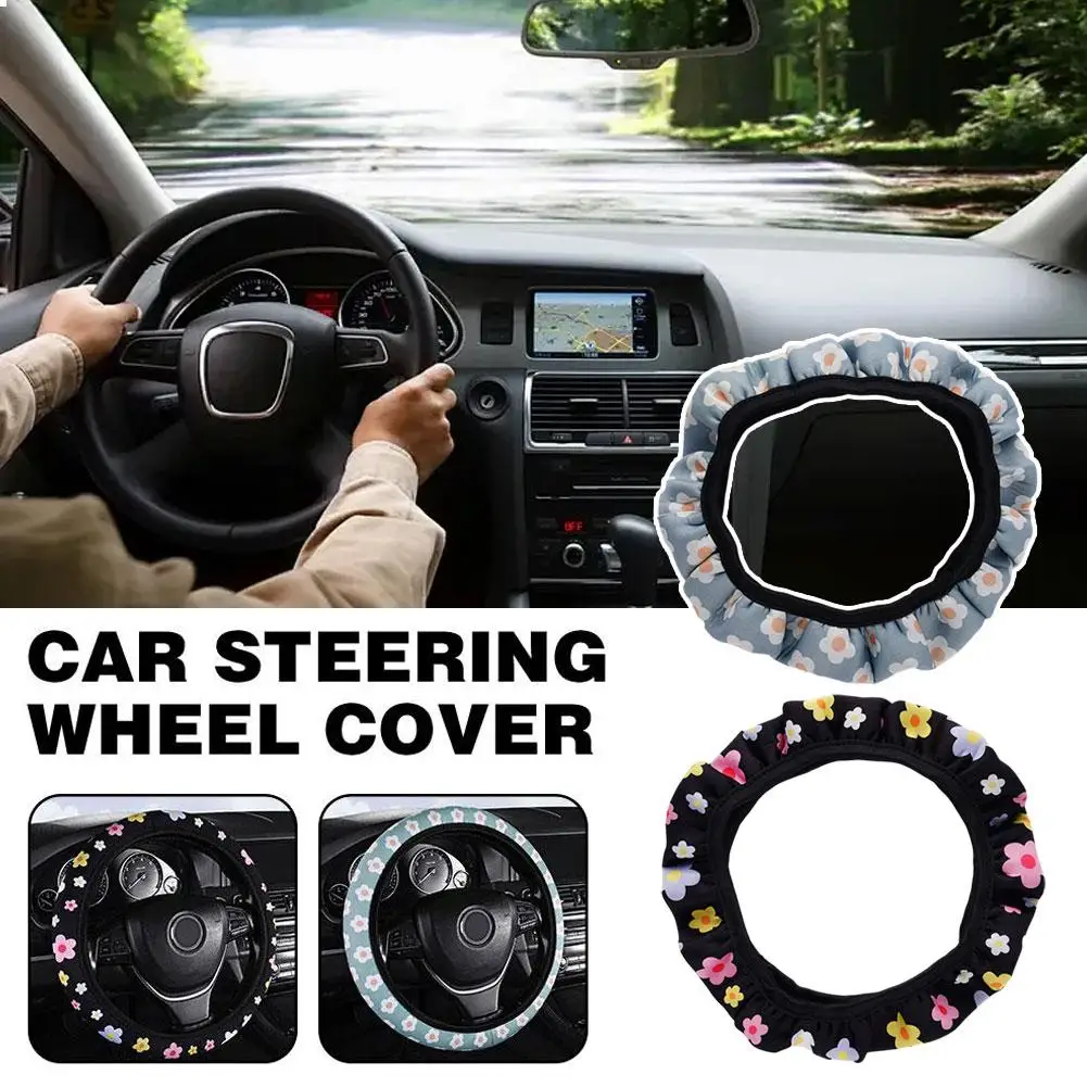 Universal Car Steering Wheel Cover Protector Daisy Printed Breathable Anti-skid Elastic For 37-39cm Auto Decoration M8f2