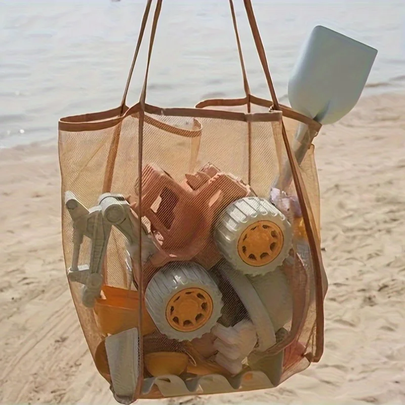 Bolsa de malla plegable extragrande con asas resistentes, bolsa de almacenamiento de poliéster duradera para juguetes de playa, conchas, ropa y toallas