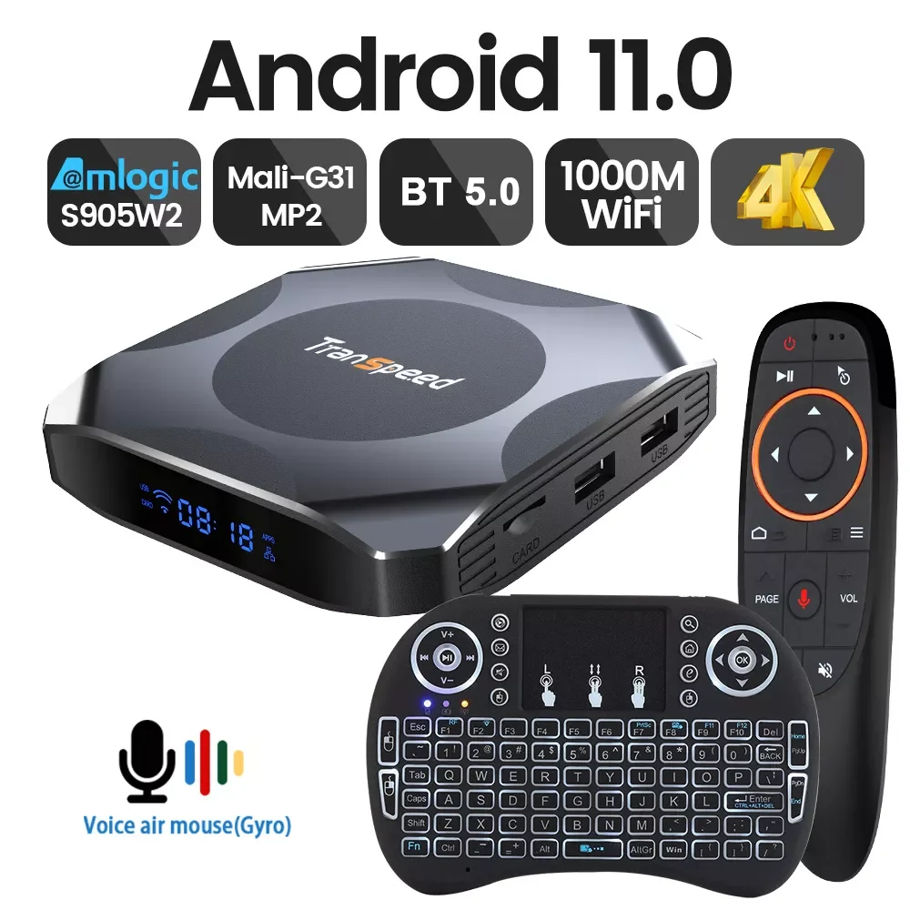 Transpeed Android 11 กล่องทีวีBT5.0 3D Fast Dual 1000M WiFi 4K 4GB 64GB 32GB Media Player Amlogic S905W2 Mali G31 AV1 ชุดกล่องด้านบน