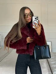 Vintage Red Faux Fox Fur Short Coat For Women Elegant Solid Lapel Long Sleeve Loose Jacket Winter Plush Warm High Street Outwear