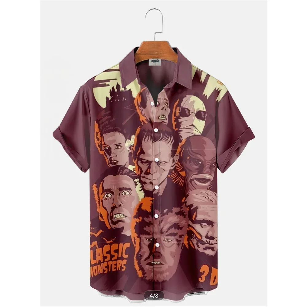 Camisa retrô de personagens de filmes estampada, roupa casual halloween, blusa de manga curta 3D, havaiana, verão, 2024