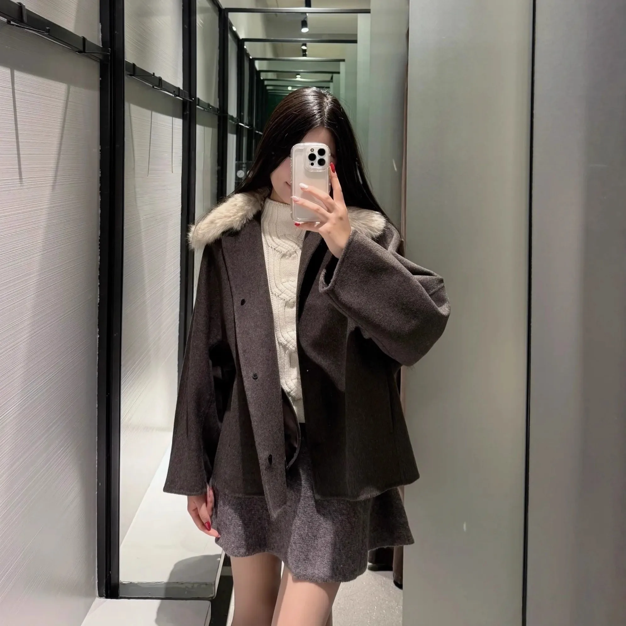 Vintage dámské zkrácené kabáty s kapucí, kožešinový límec, plný rukáv, jednořadé zapínání na kapsy, bunda, podzim 2025, dámské, Y2K, teplé svrchní oblečení, nové - náhled 2