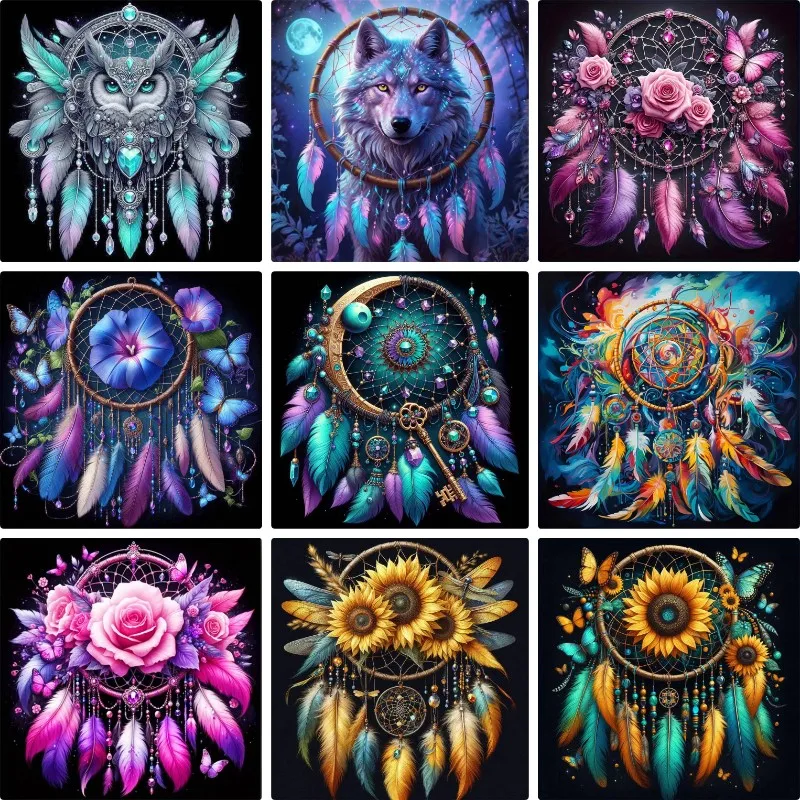 DIY Diamond Painting Owl Wolf Rose Sunflower Butterfly Crystal Dream Catcher Set Creative Bedroom Wall Art Gift