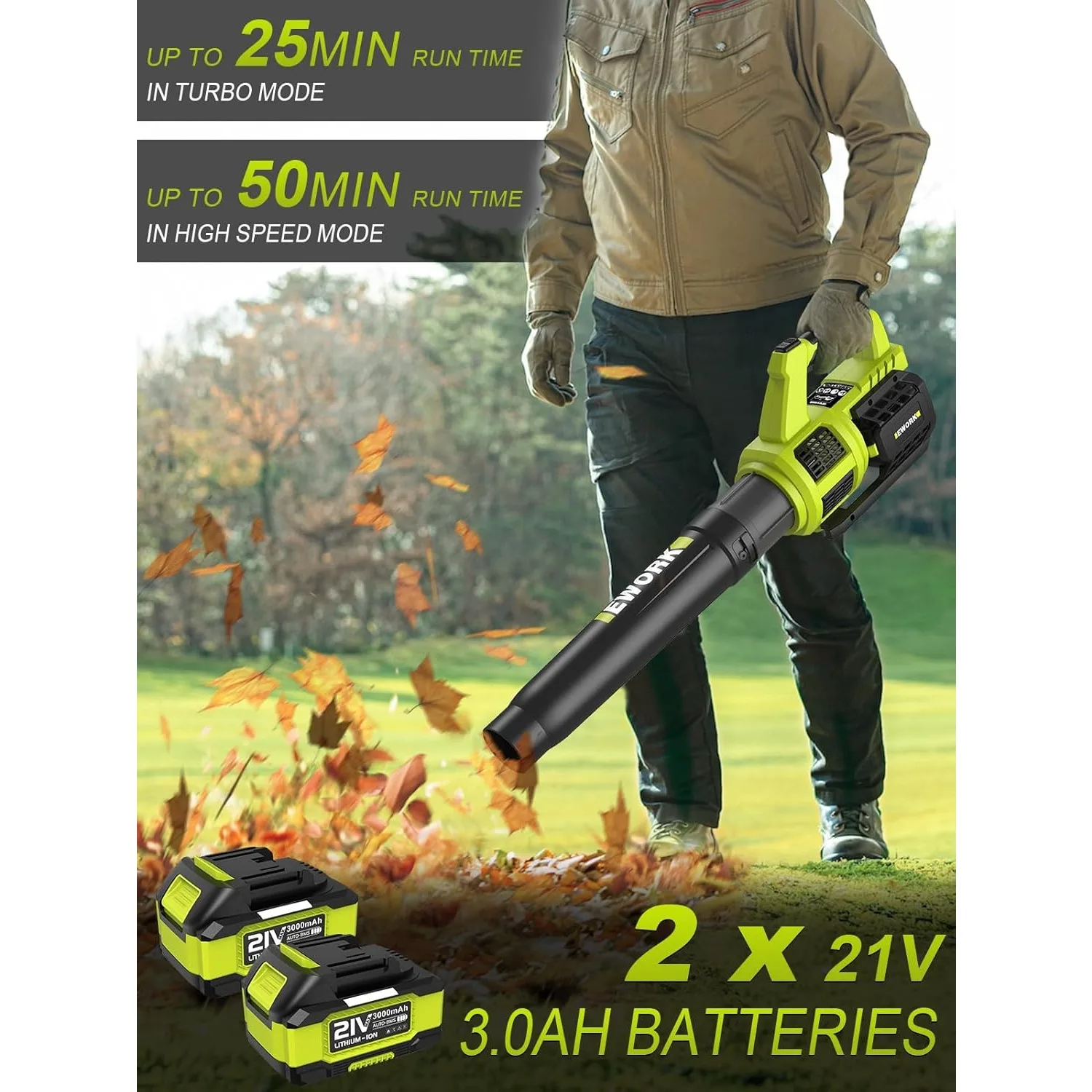 Cordless Leaf Blower with (2) 3.0Ah Battery, 400CFM 21V Electric Leaf Blower Cordless, Variable Speed, 2 Mode, Battery Powered