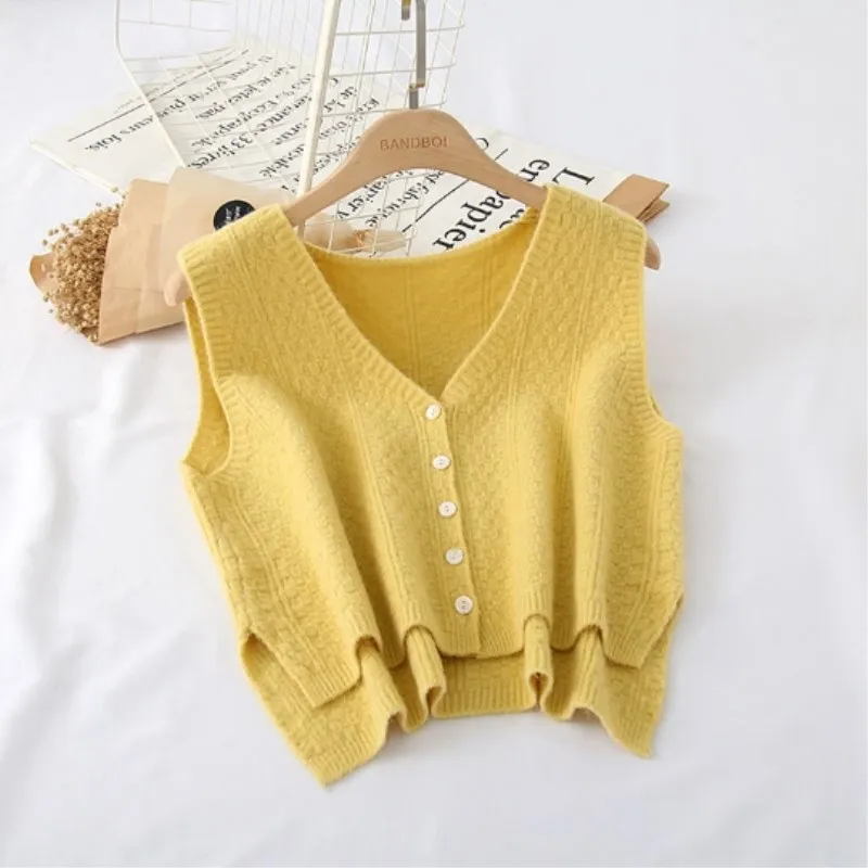 Yellow Korea Japan Autumn Spring V-neck Knit Sleeveless Sweater Vest Loose Outer Coat Student Lady Top Cloth for Women girl