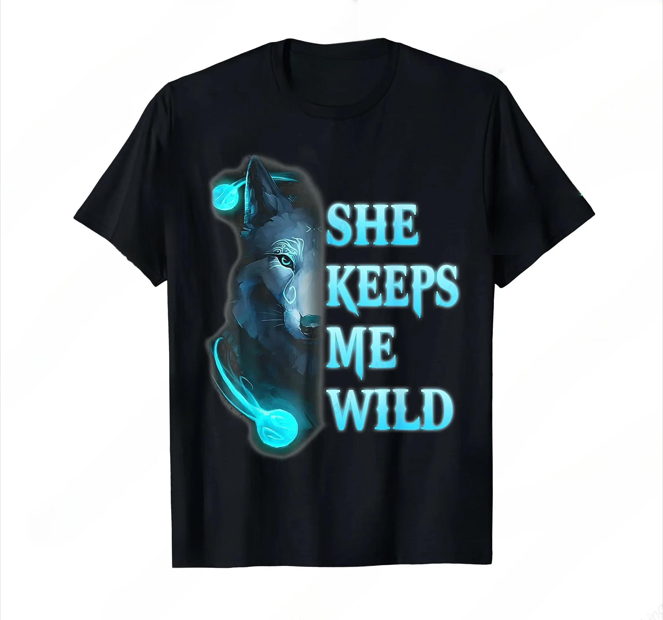 She Keeps Me Wild - He Keeps Me Safe Couple Wolves T-Shirt Prevailing Tops Cotton Short Sleeves Leisure Streetwear Tees Odzież