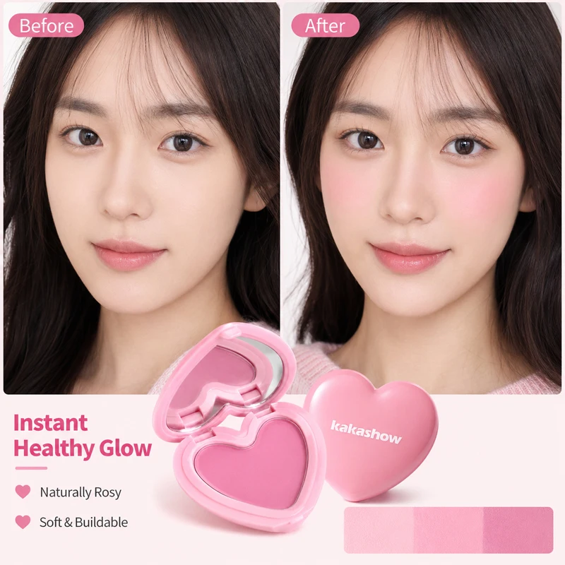 KAKASHOW Heart Shaped Blush Powder 5 Colors Soft Matte Buildable Long Lasting Natural Flush Compact Mirror Korean Makeup