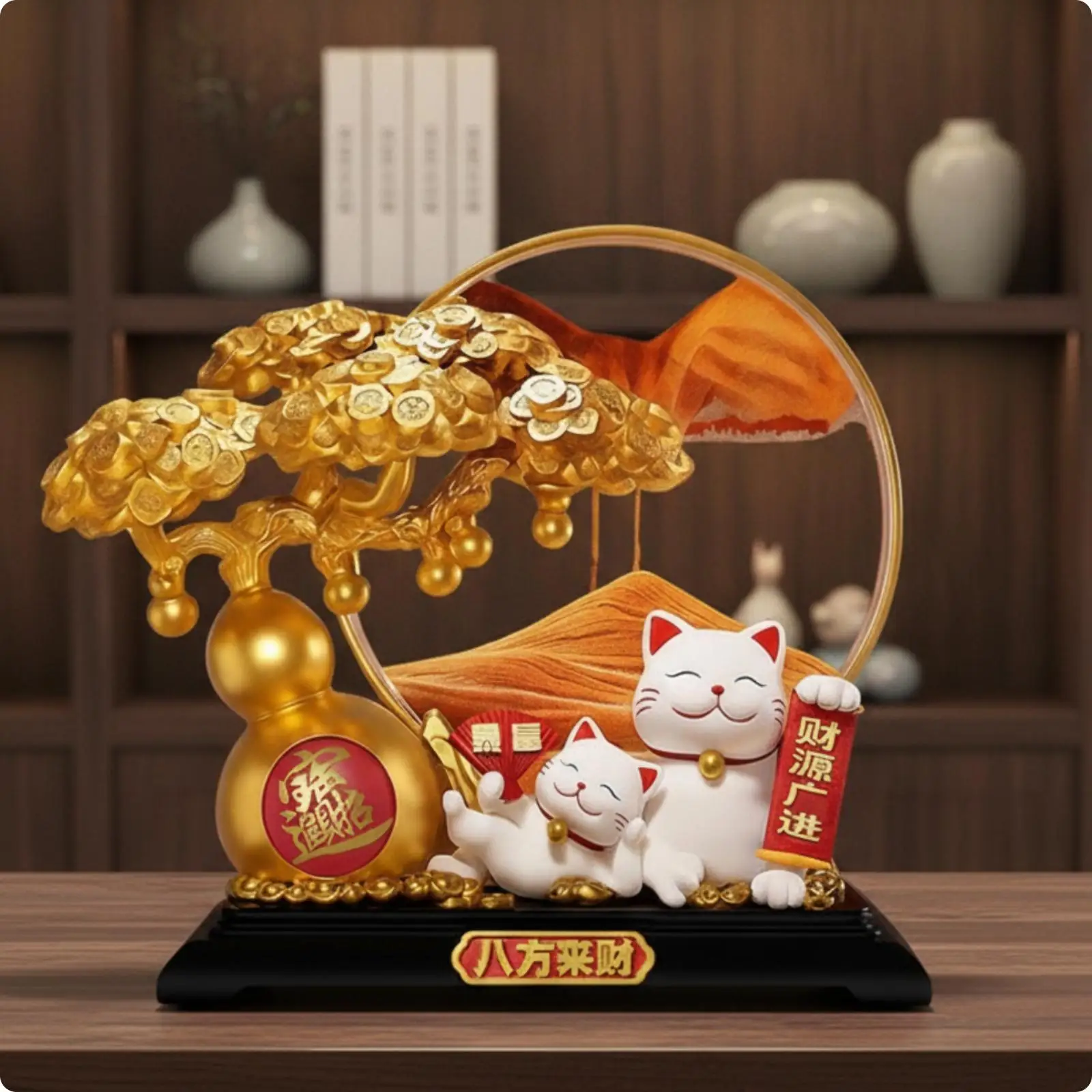 招財猫付きの金運をもたらす飾り台座付きの祝祭用オーナメント