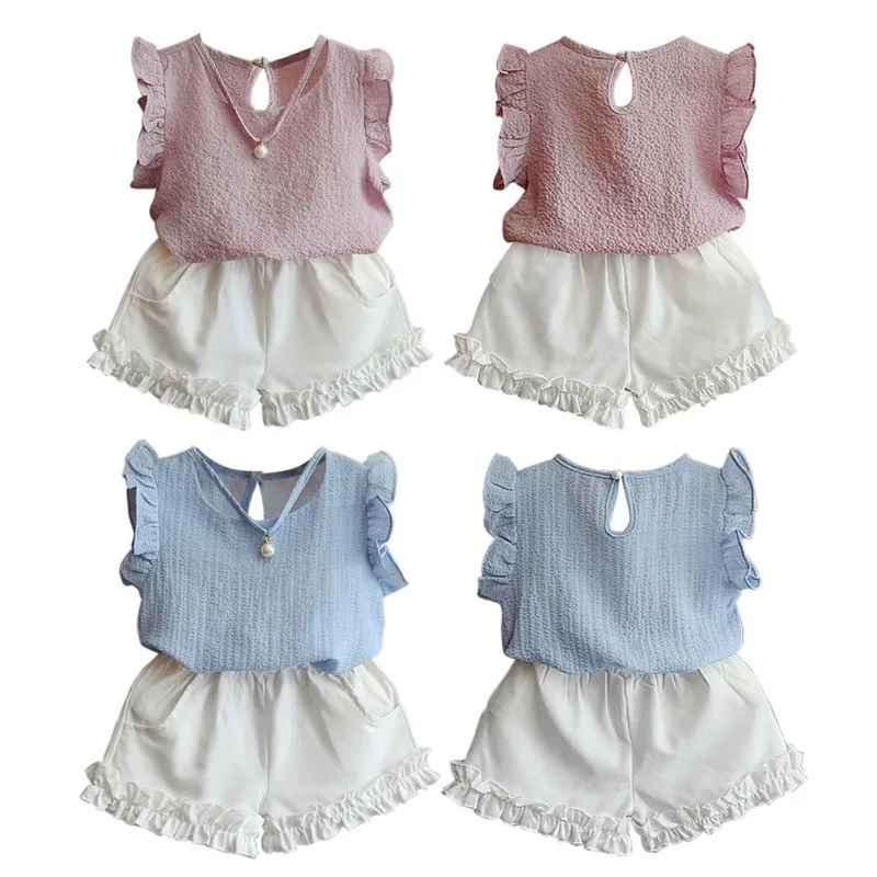 Girls Chiffon T-Shirt + Shorts Set Summer Pearl Sleeveless Top Solid Shorts Stylish Cute Clothes 3-8 Years Children\'S Wear Set