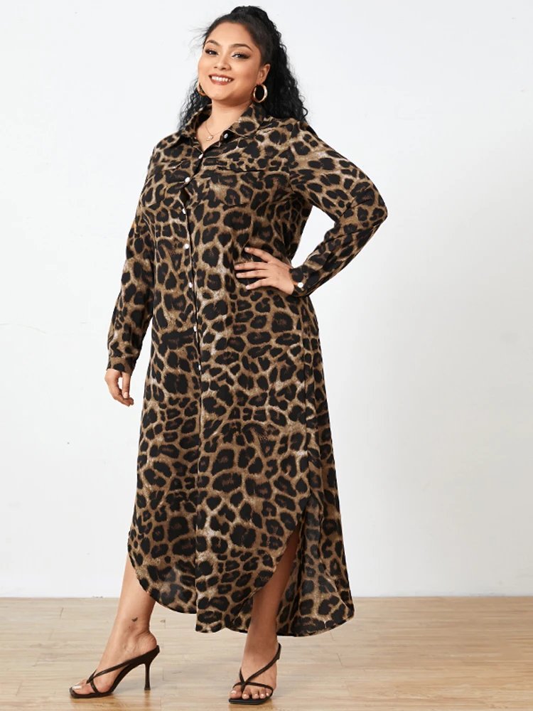 

ZANZEA Женские длинные платья больших размеров с леопардовым принтом, стильное платье-рубашка с длинным рукавом и воротником на пуговицах, осень 2021, для поездок на работу 5XL