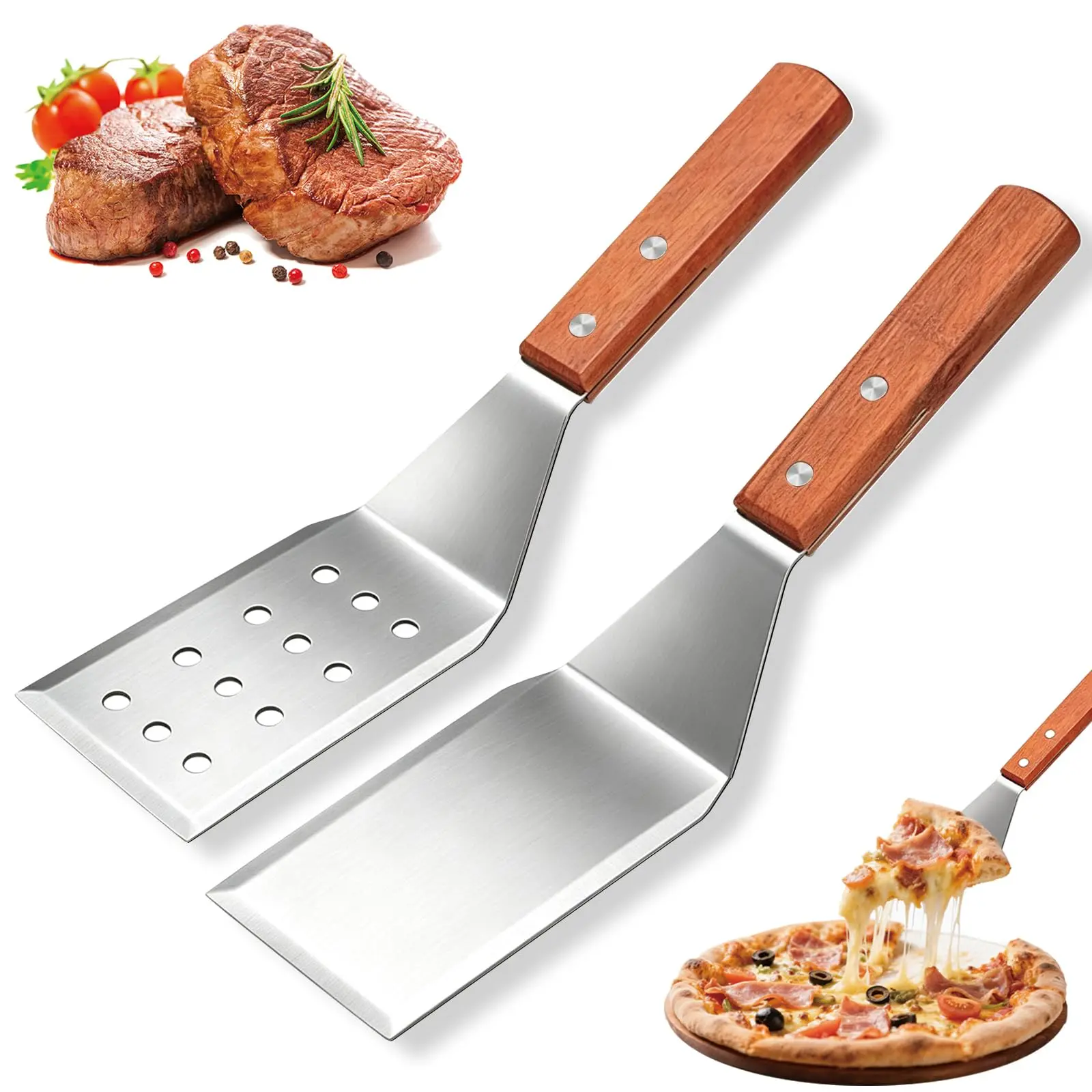 Stainless Steel Metal Spatula with Wooden Handle, , Flat Grill Scraper for Steak, Outdoor & Indoor Cook
