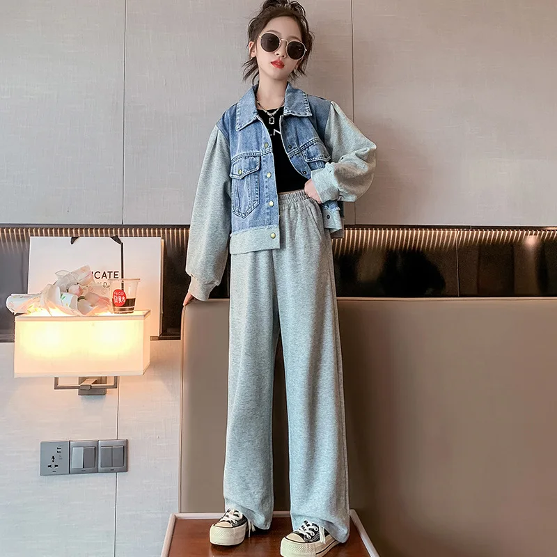 Autumn New Kids Clothes Girls Tracksuit Fashion Spliced Denim Jacket Casual Pants 2 Pcs School Teen Children Outfits Set 6- 14 Y