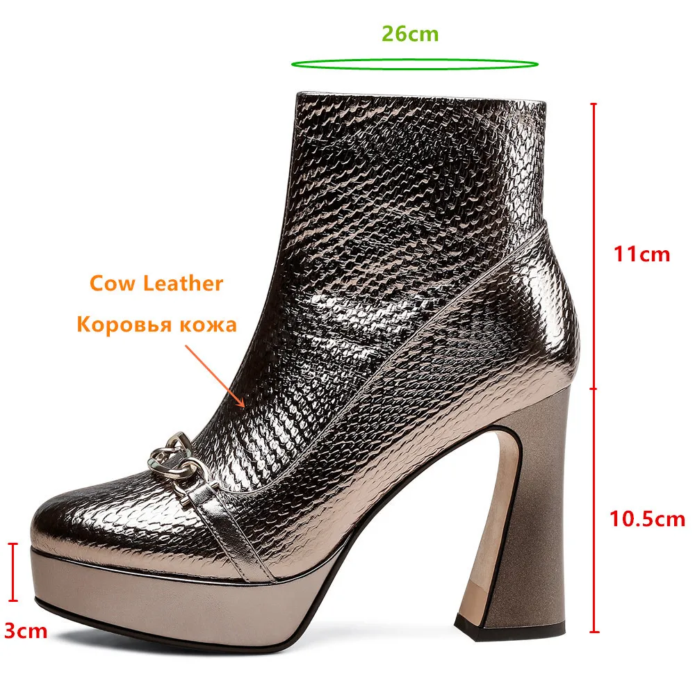 Aucegi Women 2024 New Genuine Leather Fashion Ankle Boots Cozy Round Toe Platform High Heels Metal Chain Decorations Wild Shoes