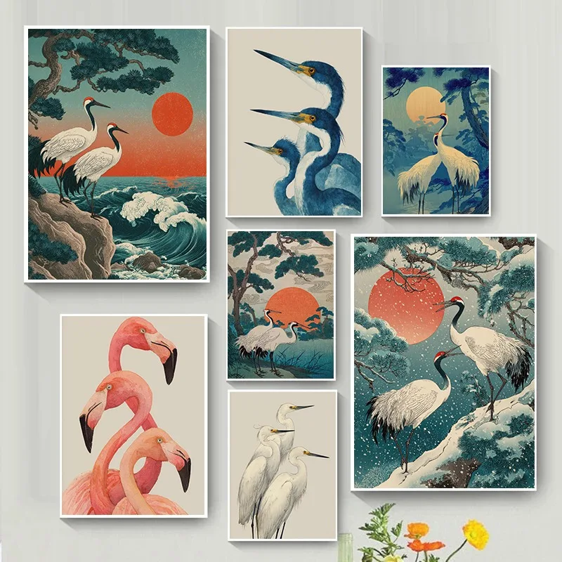 Japanese Style Cranes Flamingo Watercolor Painting Print Vintage Bird Wall Art Elegant Farmhouse Zen Home Decor Bedroom Poster