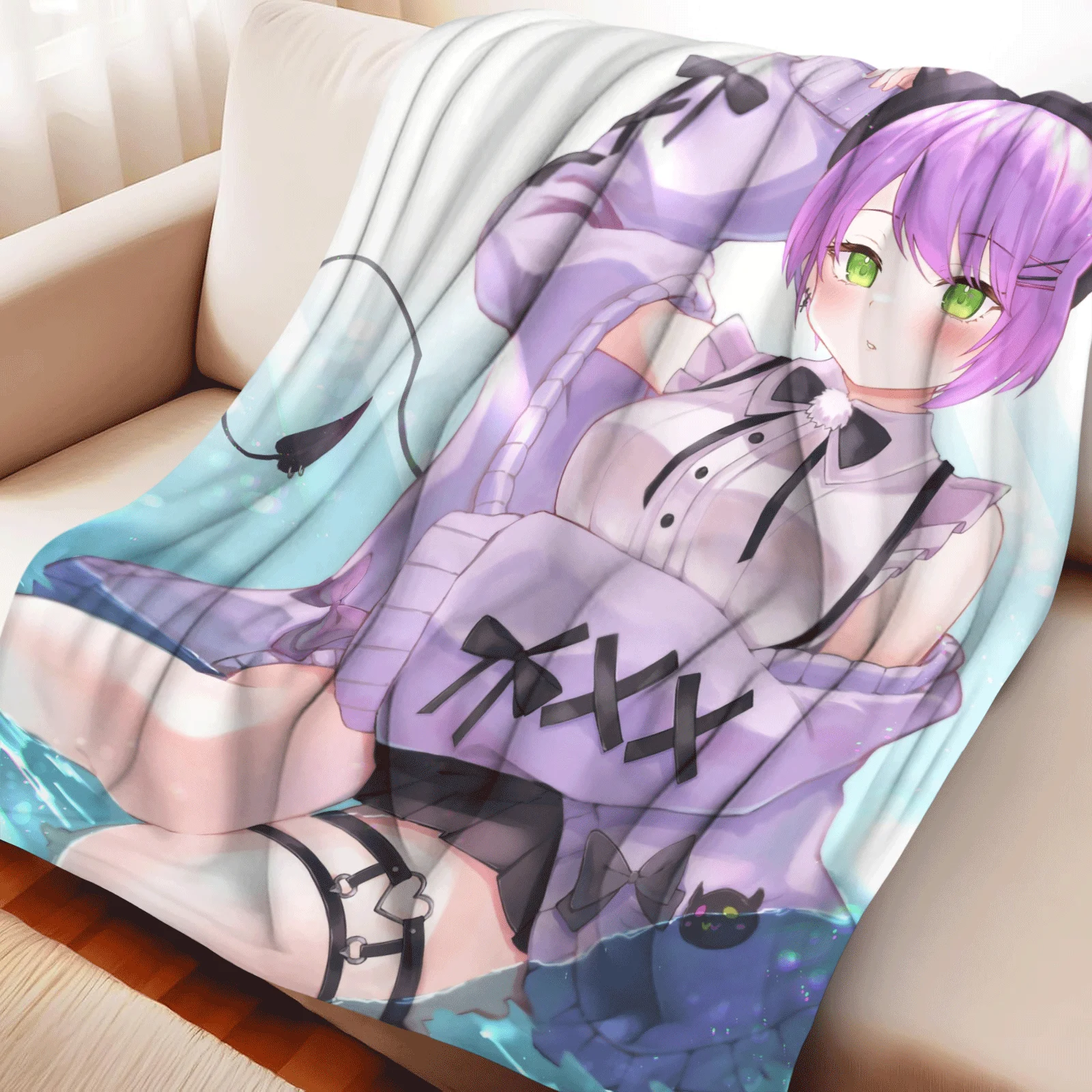 Anime Flannel Throw Blanket Tokoyami Towa Short Purple Hair Green Eyes Black Beret Demon Tail Purple Cardigan Bow Decor