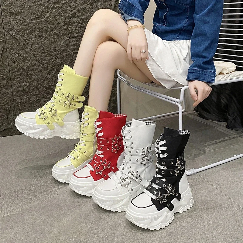 

Platform Boots for Women Fad Designer Belt Buckle Canvas Women's Boots Round Toe Lace-up Motorcycle Long Thigh Boots Botas Mujer