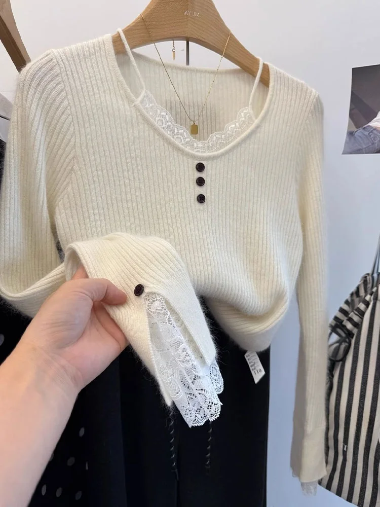 

Faionable Кружевной вязаный свитер, женский базовый топ, мягкий, приятный для кожи, длинный свек, осенний новый Sle Poem Art Lin