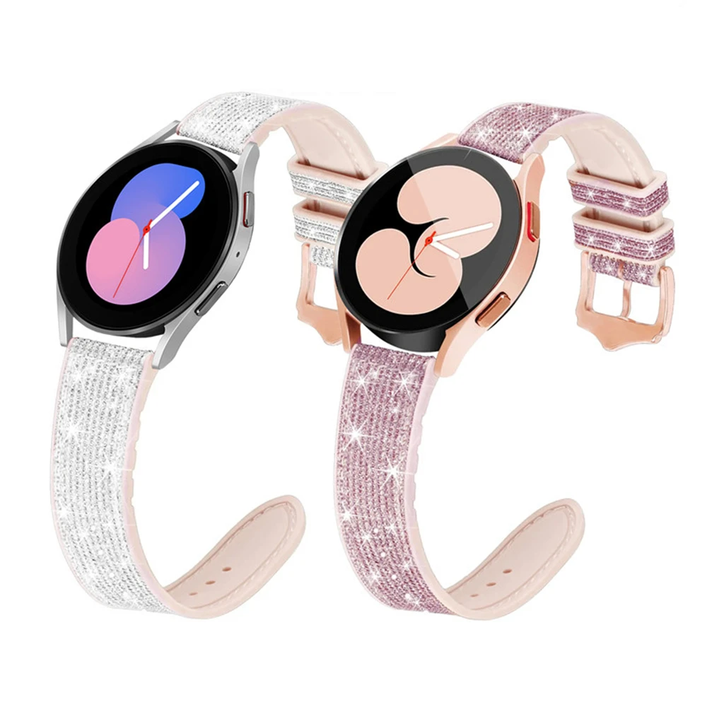 20mm For samsung galaxy watch 6 classic 47mm 43mm 4 5 6 44mm 40mm strap galaxy watch 5pro 45mm 46mm bling leather silicone band