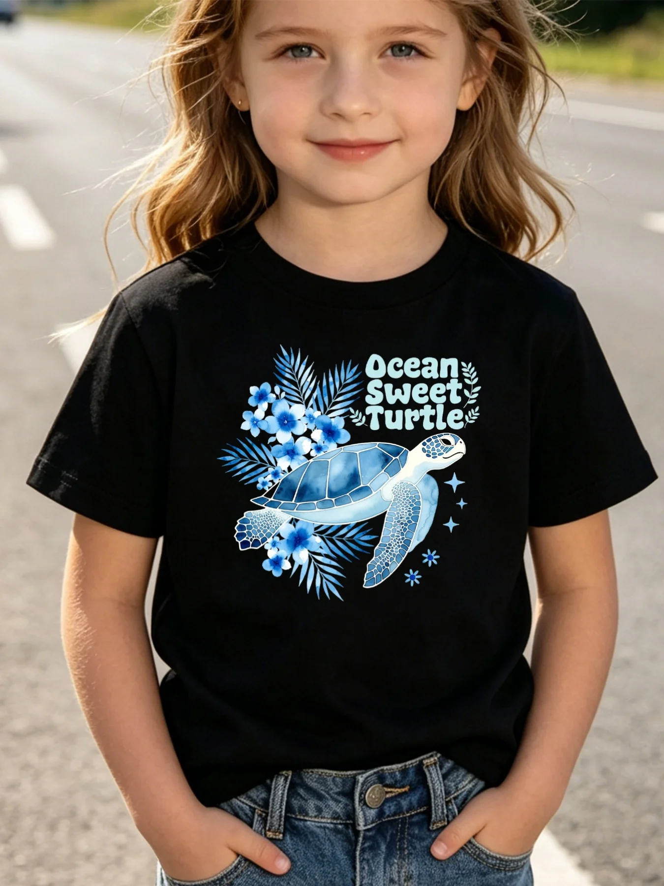 Kids Ocean Sweet Turtle Floral Watercolor Graphic Tee Boys Girls Family Matching Short Sleeve Sea Creature Everyday T Shirt