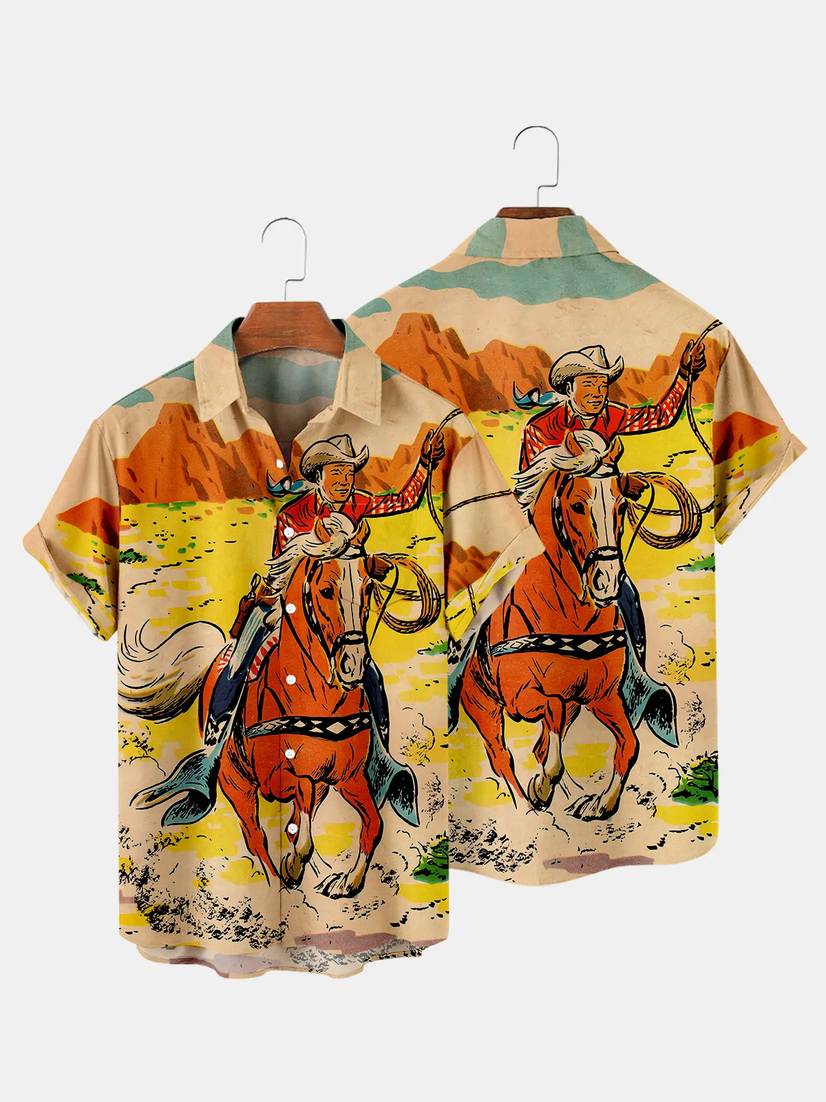 Hawaiian Cowboy Men's Shirt Cool 3D Digital Print Plus Size Western America Men's Top With Pocket Vintage Style Summer Outerwear